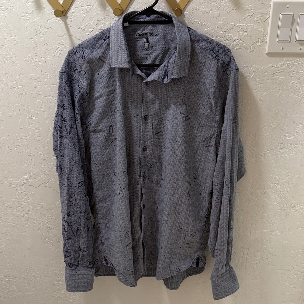 Visconti Black Men's Casual Gray Patterned Button-Down Shirt - XL